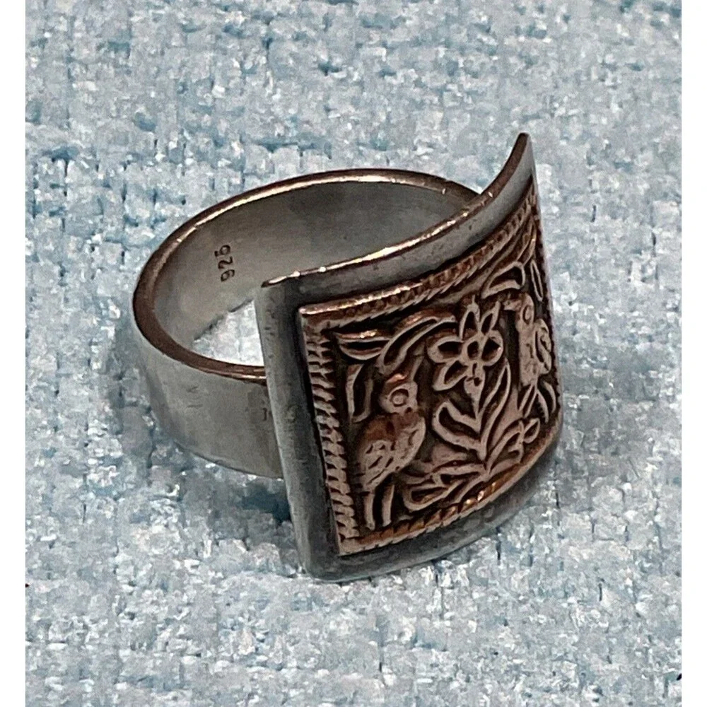 Gothic Sterling Silver Mixed Metal Wide Band Ring Artisan Folk Art Size 6